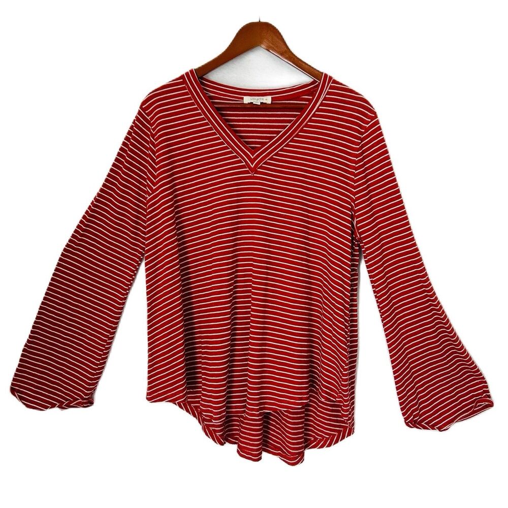 Umgee USA Blouse Women XL Rust White Stripe Hi Lo Linen Cotton Raw Edges Boho